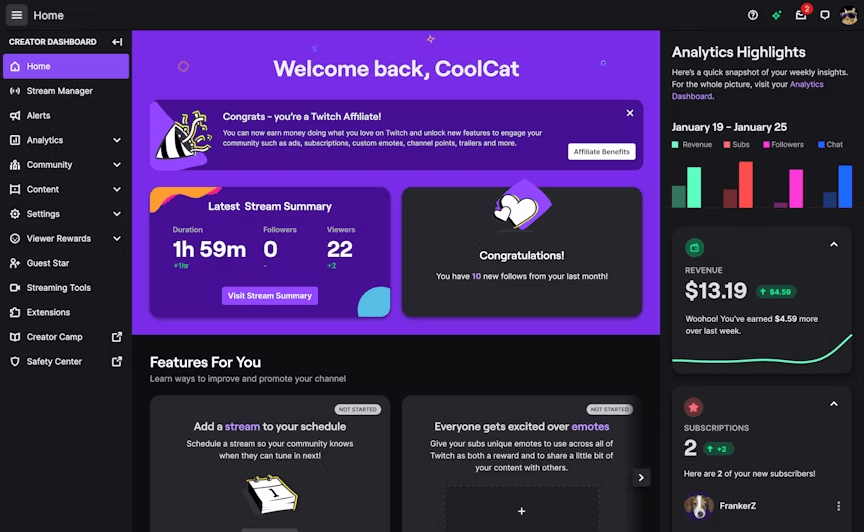 Neues Twitch Dashboard