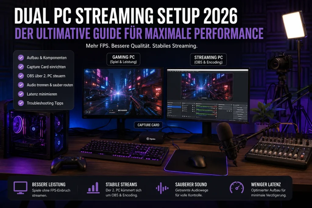 Dual-PC-Streaming-Setup mit Gaming-PC, Streaming-PC, Mikrofon und Capture Card