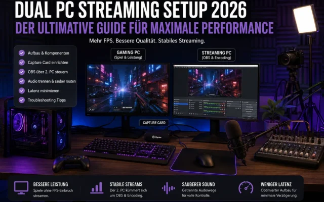 Dual-PC-Streaming-Setup mit Gaming-PC, Streaming-PC, Mikrofon und Capture Card