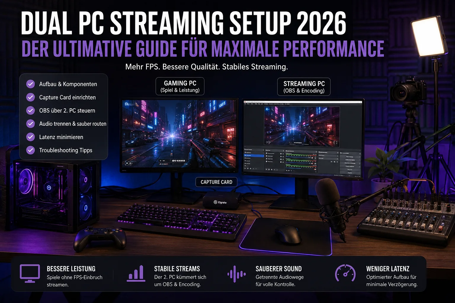 Dual-PC-Streaming-Setup mit Gaming-PC, Streaming-PC, Mikrofon und Capture Card