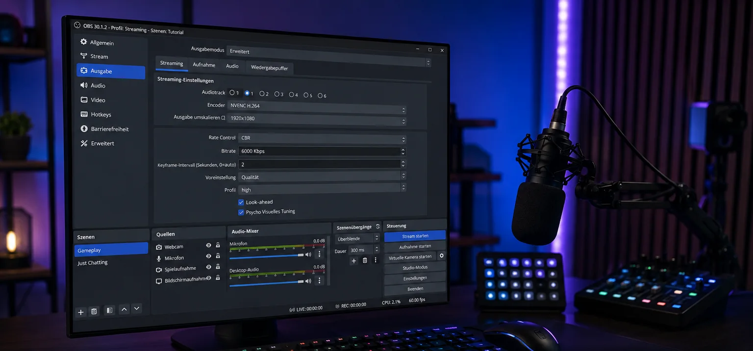 OBS Studio mit geöffneten Encoder- und Bitrate-Einstellungen an einem Streaming-Arbeitsplatz