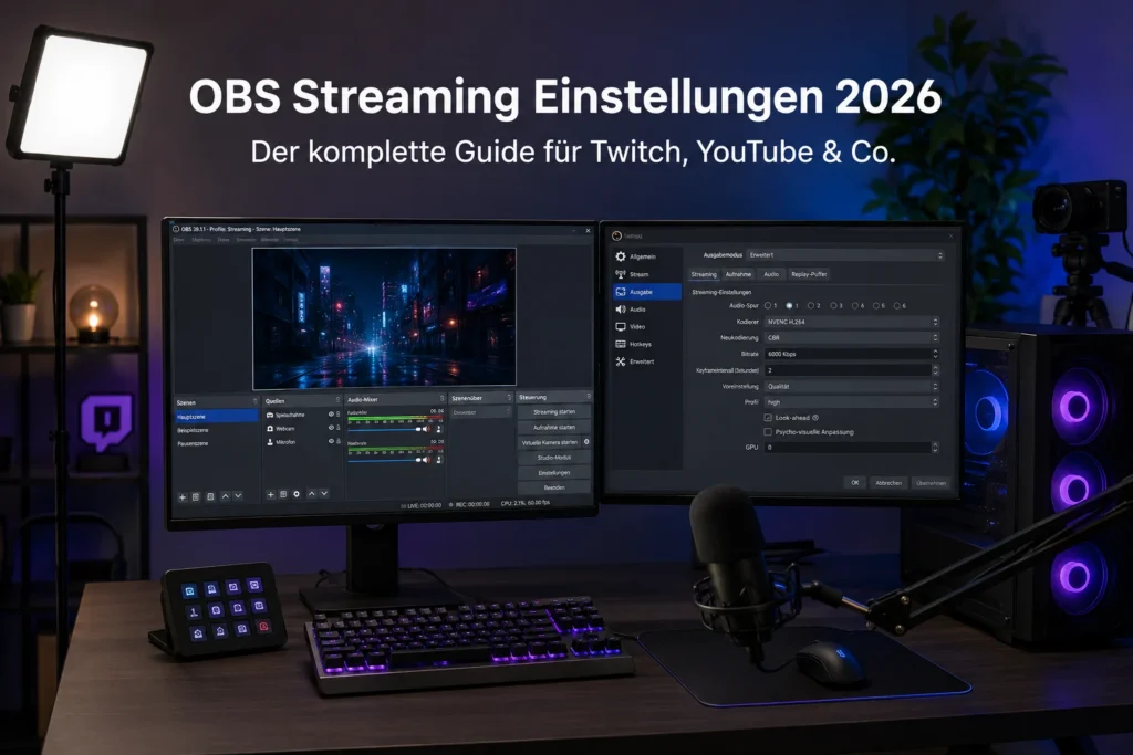Streaming-Setup mit geöffneten OBS-Ausgabe-Einstellungen für einen Livestream