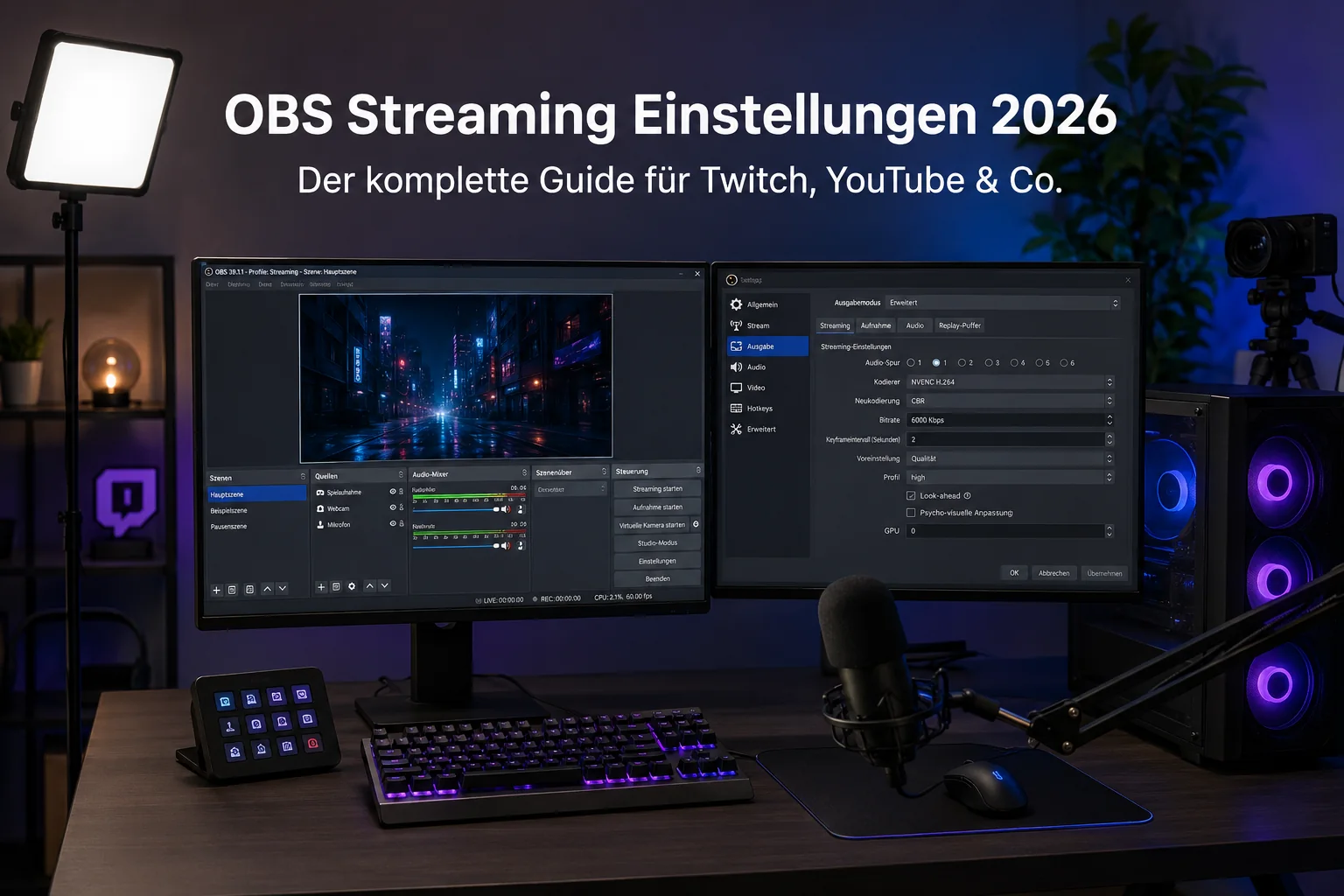 Streaming-Setup mit geöffneten OBS-Ausgabe-Einstellungen für einen Livestream