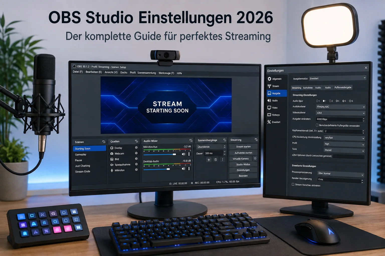 Modernes Streaming-Setup mit OBS Studio, Mikrofon, Kamera und Beleuchtung