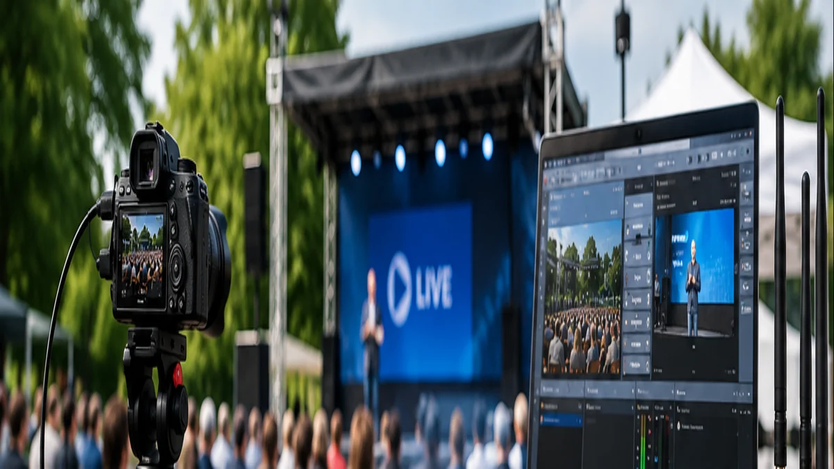 Livestream-Setup mit Kamera, Streaming-Software und Hardware-Encoder