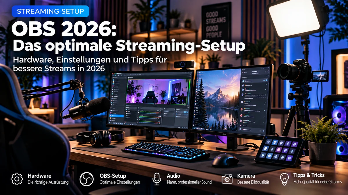 Streaming-Setup für OBS mit Monitor, Mikrofon, Kamera und Beleuchtung
