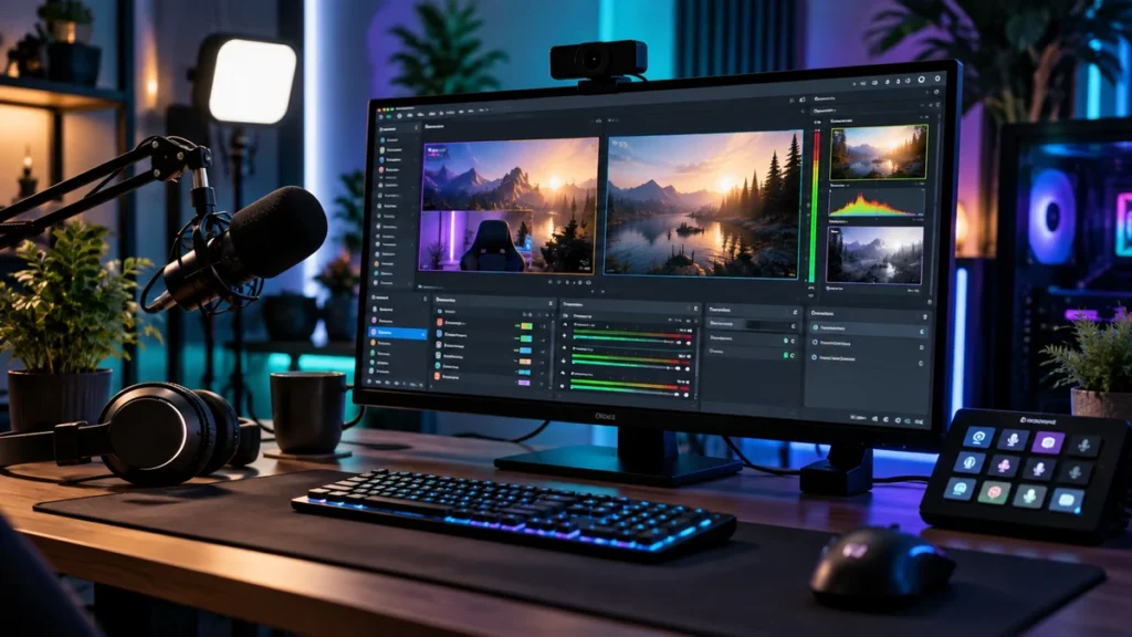Moderner Streaming-Arbeitsplatz mit Broadcasting-Software, Mikrofon und Kamera