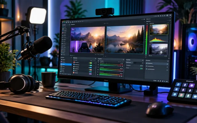 Moderner Streaming-Arbeitsplatz mit Broadcasting-Software, Mikrofon und Kamera