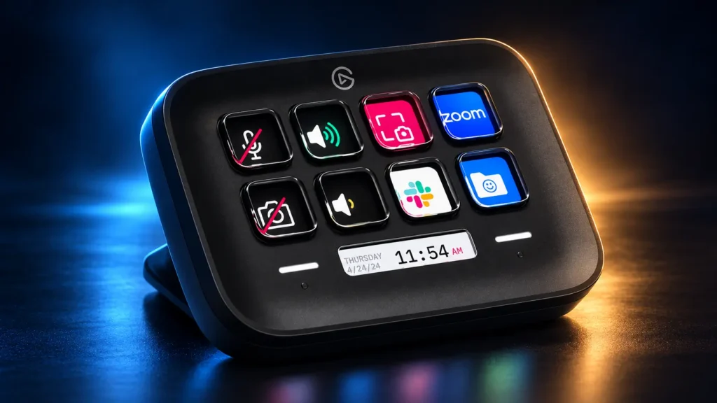 Elgato Stream Deck Neo mit acht LCD-Tasten und Infobar vor dunklem Studiohintergrund mit blau-goldener Beleuchtung