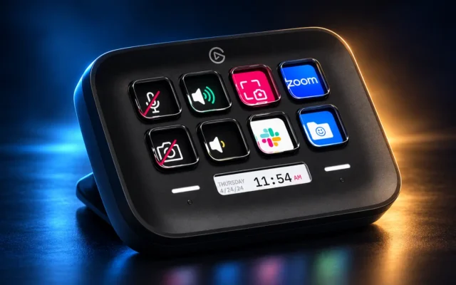 Elgato Stream Deck Neo mit acht LCD-Tasten und Infobar vor dunklem Studiohintergrund mit blau-goldener Beleuchtung