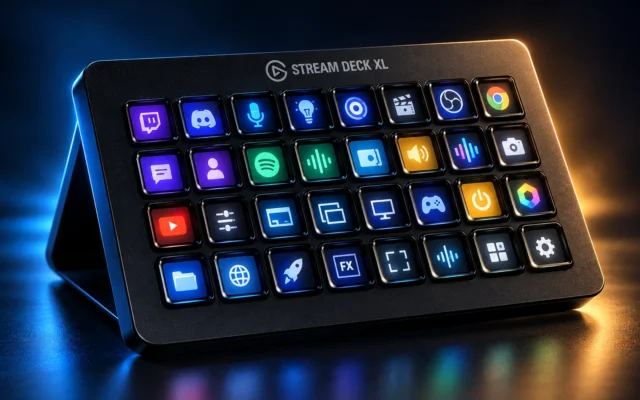 Produktillustration des Elgato Stream Deck XL mit 32 beleuchteten LCD-Tasten