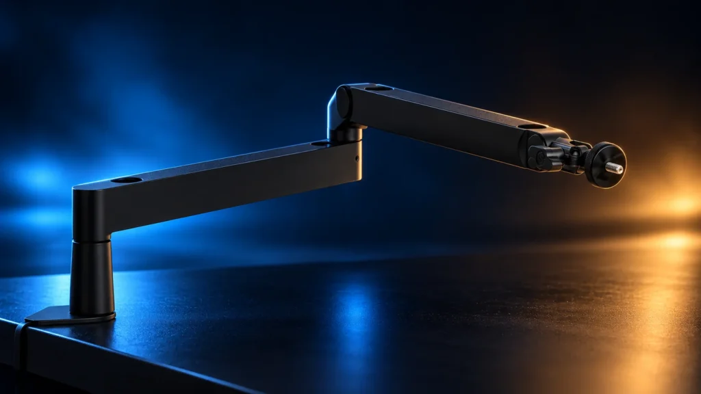 Elgato Wave Mic Arm LP mit zwei flachen Armsegmenten an einer Tischkante vor blau-goldenem Studiohintergrund