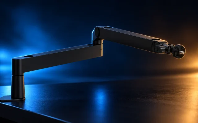 Elgato Wave Mic Arm LP mit zwei flachen Armsegmenten an einer Tischkante vor blau-goldenem Studiohintergrund