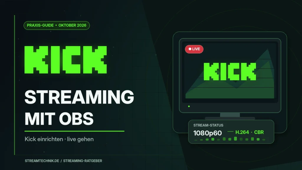Kick Streaming 2026: KICK-Logo mit stilisiertem Streaming-Monitor und OBS-Encoderstatus