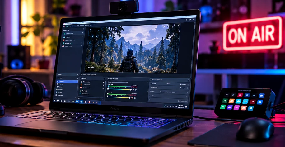Laptop mit Streaming-Software, Webcam, Kopfhörern und Stream-Controller am beleuchteten Arbeitsplatz