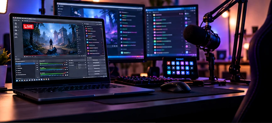 Streaming mit Laptop, zusätzlichem Monitor, Mikrofon und beleuchteter OBS-ähnlicher Programmoberfläche
