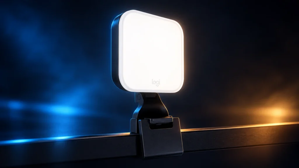 Logitech Litra Glow mit quadratischem Diffusor und Monitorhalterung vor dunklem blau-goldenem Studiohintergrund