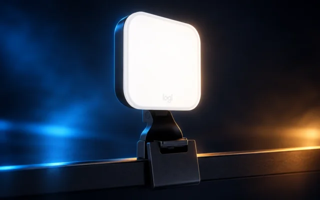 Logitech Litra Glow mit quadratischem Diffusor und Monitorhalterung vor dunklem blau-goldenem Studiohintergrund