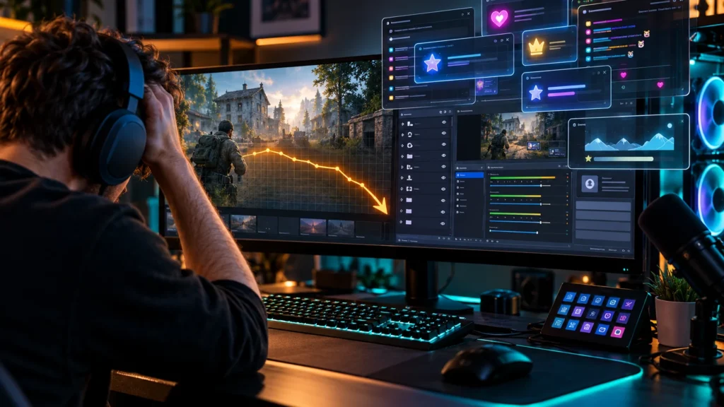Streamer vor Gaming-Monitor mit OBS-ähnlicher Oberfläche, mehreren Overlays und fallender FPS-Kurve