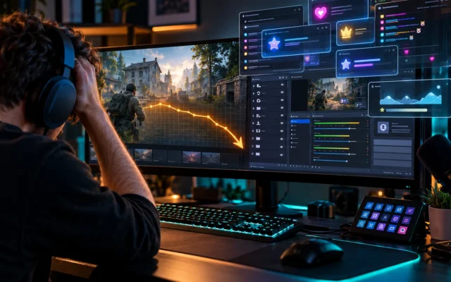 Streamer vor Gaming-Monitor mit OBS-ähnlicher Oberfläche, mehreren Overlays und fallender FPS-Kurve