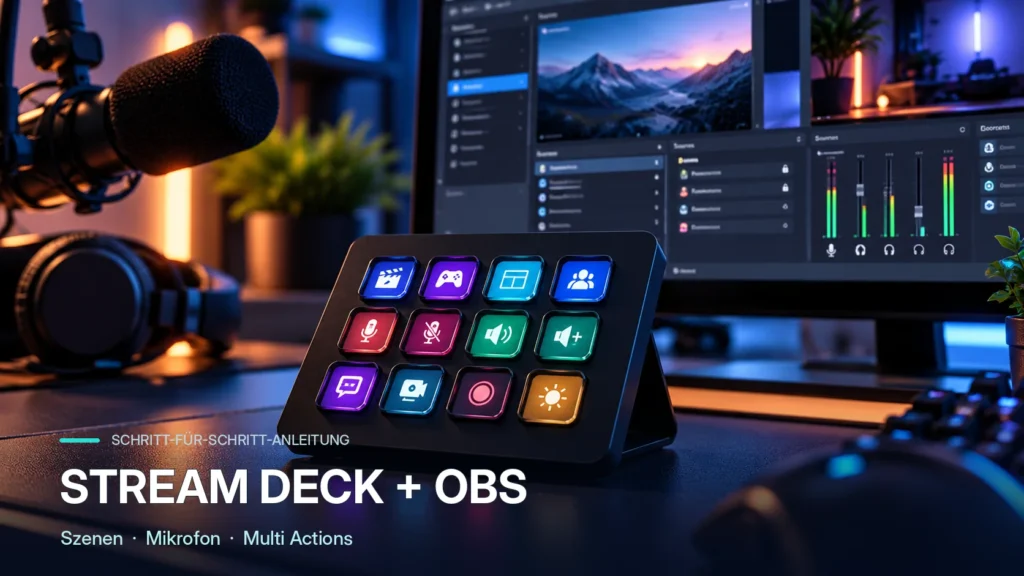 Stream Deck mit OBS einrichten: beleuchtetes Tastenfeld vor einer Streaming-Oberfläche, mit Text Szenen, Mikrofon und Multi Actions