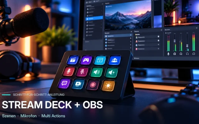 Stream Deck mit OBS einrichten: beleuchtetes Tastenfeld vor einer Streaming-Oberfläche, mit Text Szenen, Mikrofon und Multi Actions