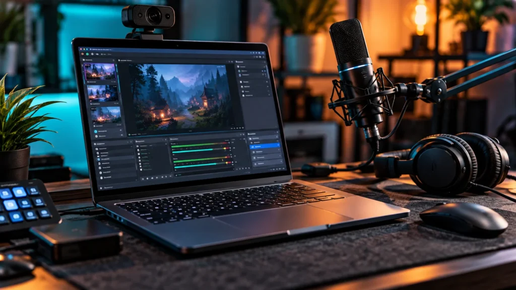 Laptop-Streaming-Setup mit Webcam, Mikrofon, Kopfhörern und Livestream-Software auf dem Bildschirm