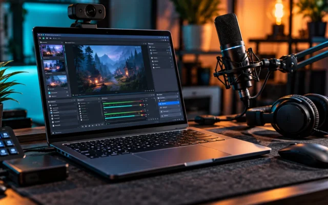 Laptop-Streaming-Setup mit Webcam, Mikrofon, Kopfhörern und Livestream-Software auf dem Bildschirm