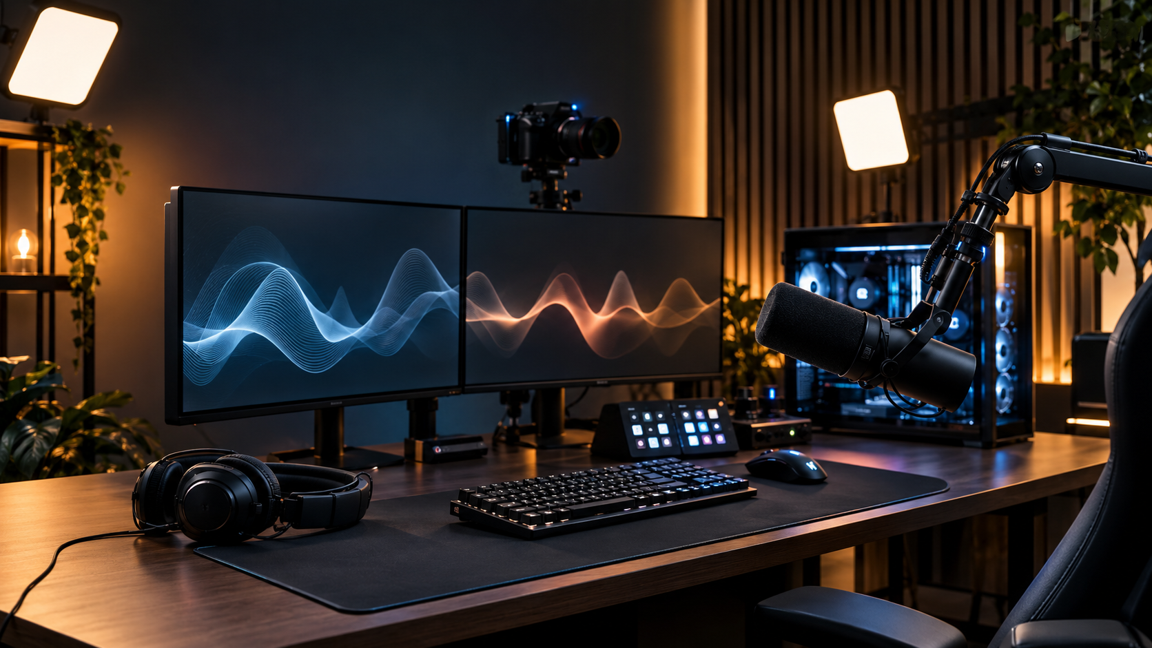 Streaming-Arbeitsplatz mit Broadcast-Mikrofon, Kopfhörern und Monitoren ohne Personen