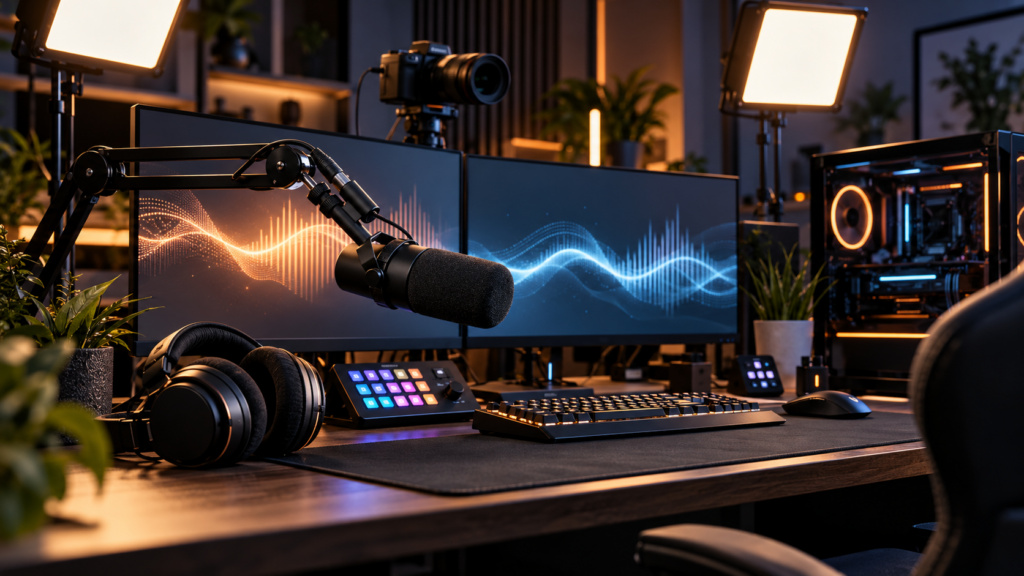 Professioneller Streaming-Schreibtisch mit Mikrofon, Kamera, Softboxen und Gaming-PC, ohne Personen
