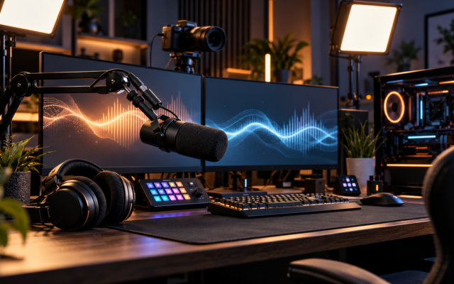 Professioneller Streaming-Schreibtisch mit Mikrofon, Kamera, Softboxen und Gaming-PC, ohne Personen